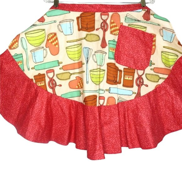 Retro Cooking Half Apron One Size Baking Red Ruffle Pocket Tie Waist NEW - Picture 4 of 11